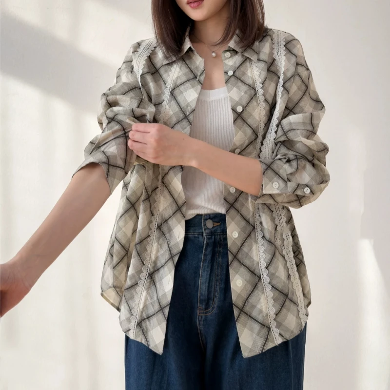 Birdtree, 76% Silk 24% Nylon Plaid Blouse, Lapel Full Sleeve Top, Women Dry Silk Lace Drawstring Shirt, 2026 Autumn New T67030JF