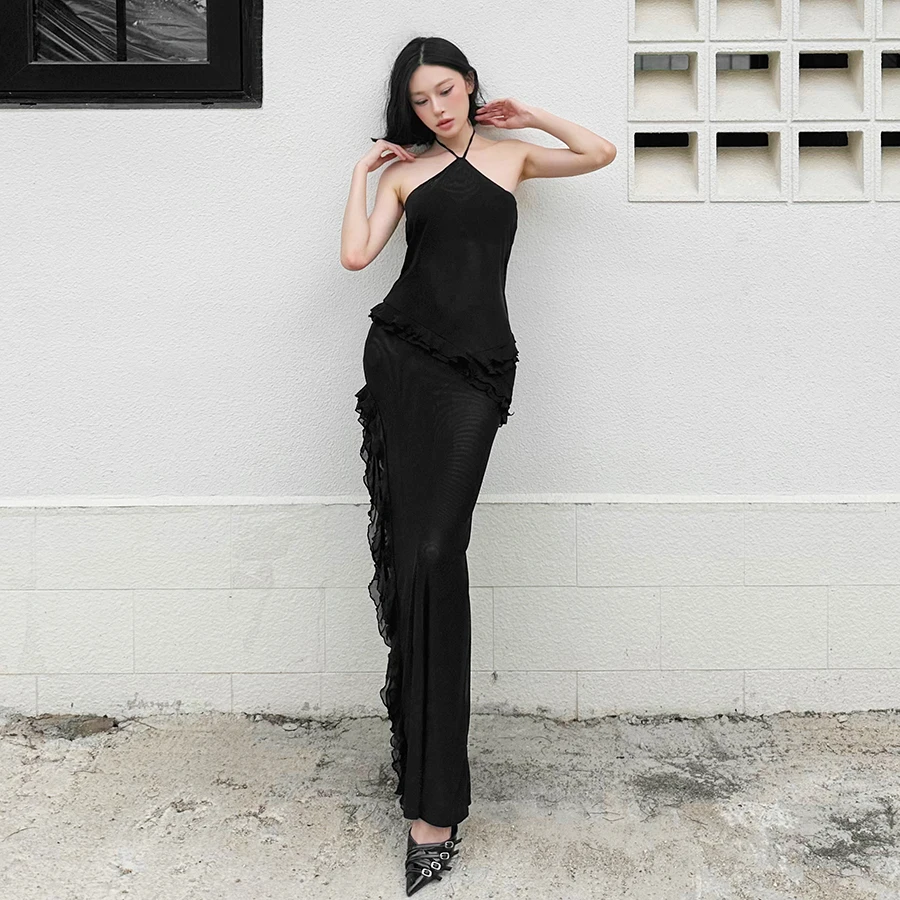 SylCue Rüschen Dekoration Langes Kleid Frau Durchsichtig Neckholder Off Schulter Backless Splits Prom Party Elegante Dünne Vestidos