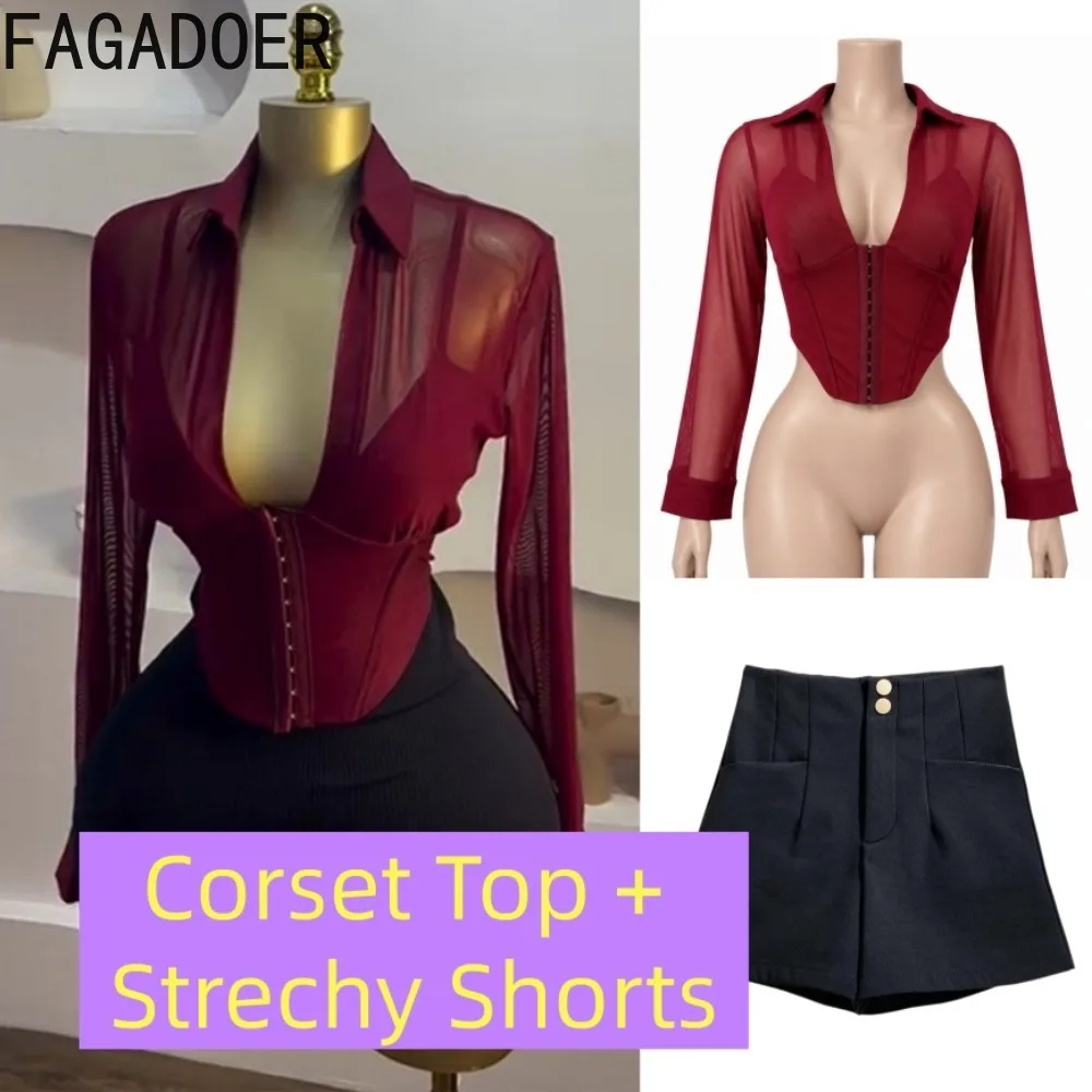 FAGADOER Women Sheer Mesh Corset Top and Shorts 2 Piece Set Sexy Long Sleeve Slim Fit Fall Winter Layering Streetwear Outfit New