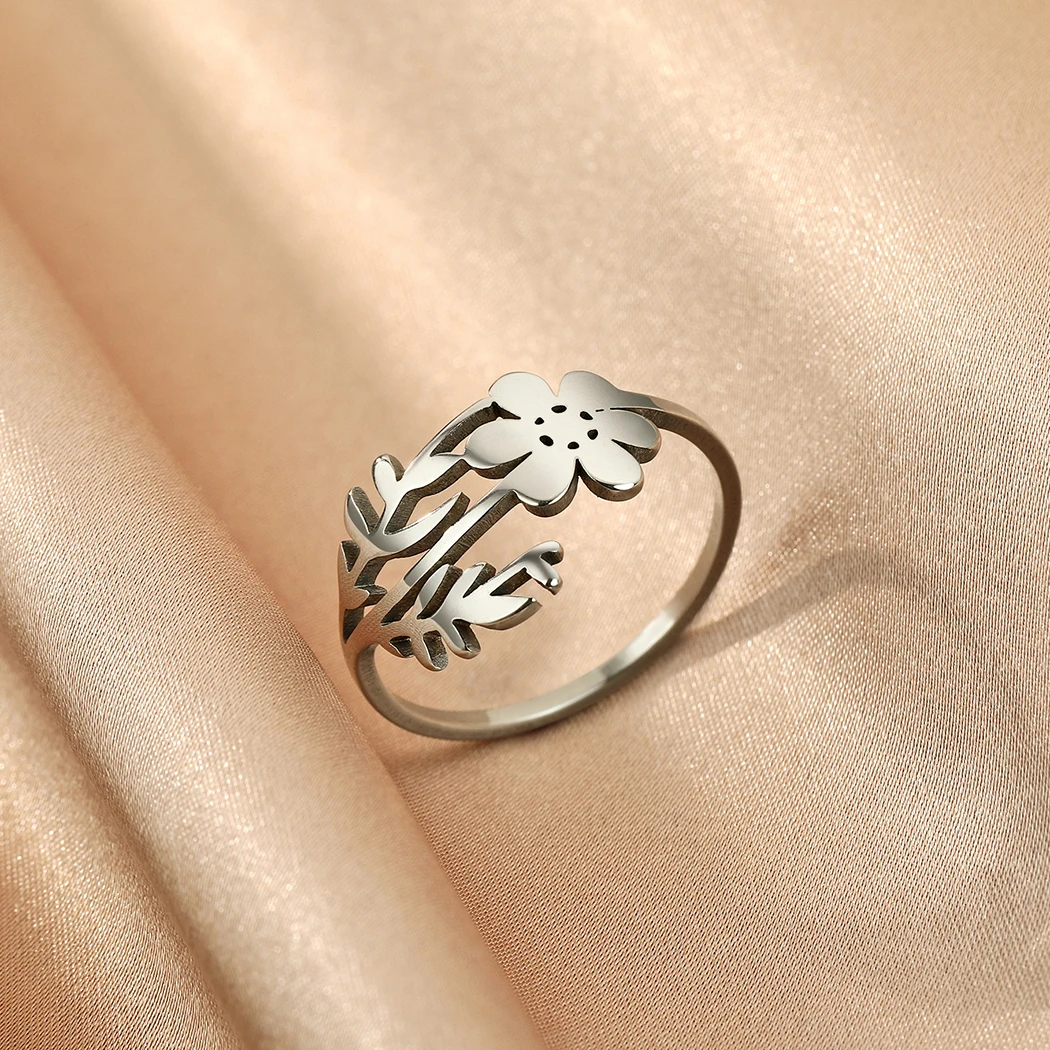 Kinitial Stainless Steel October Birth Flower Ring Women Bridesmaid Jewelry Unique Boho Finger Rings Wedding Gift