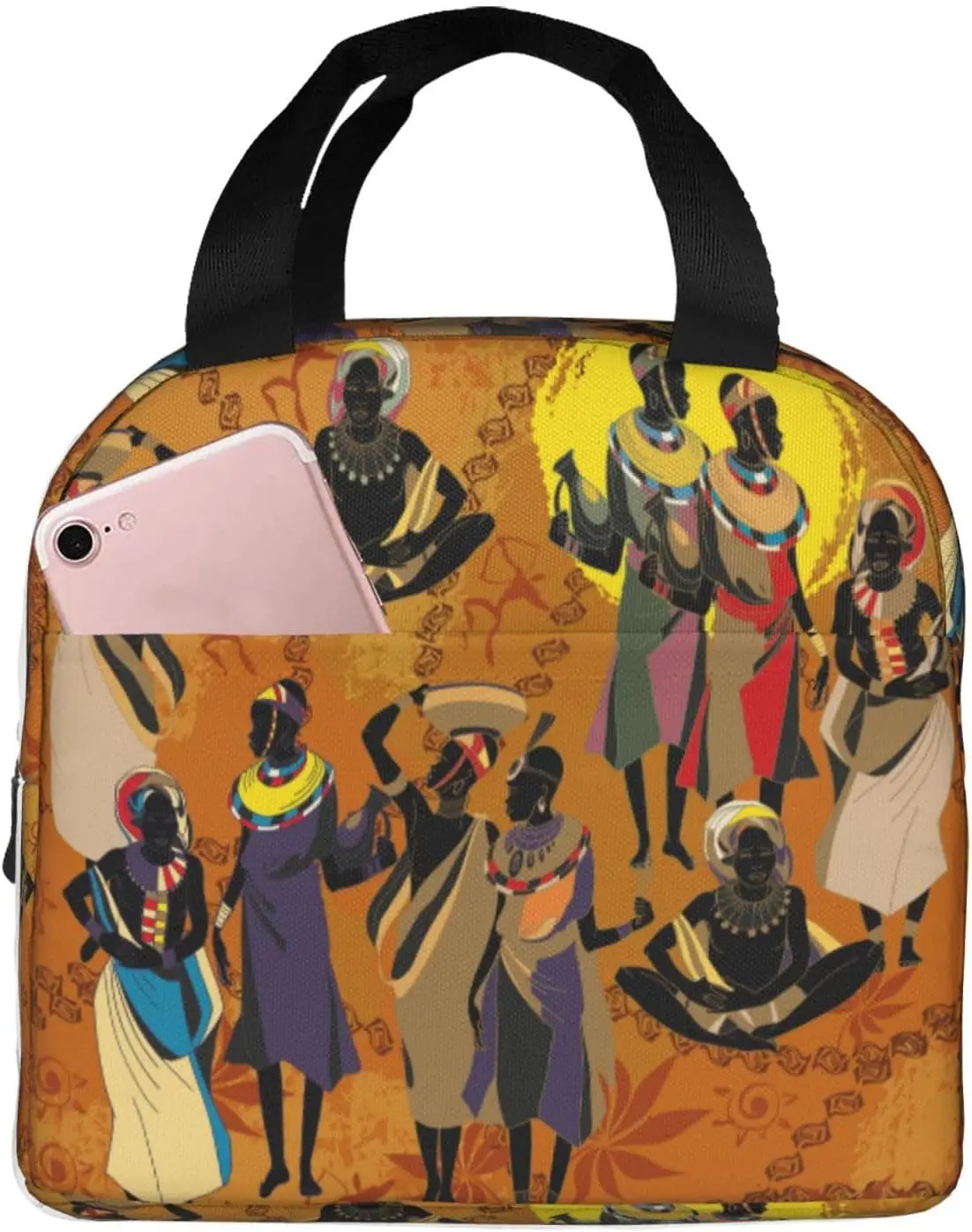 Bolsa de almuerzo negra africana para mujer, bolsa de mano compacta para mujer Afro, contenedor reutilizable para mujeres, hombres, escuela, oficina, trabajo, 6l