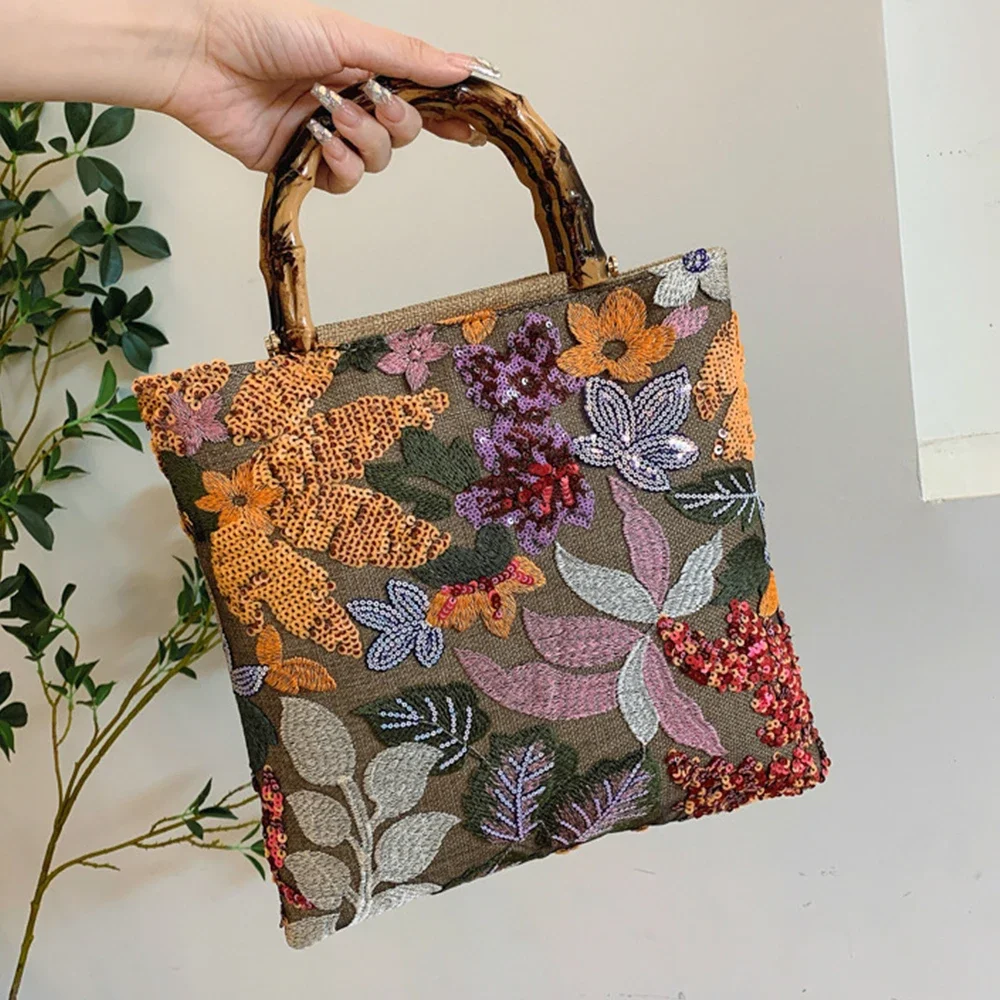 

Flower Sequined Tote Bag Faux Bamboo Handle Handbag Leaf Embroidery Women Bag Fashion Linen Shoulder Bags Small Shopper Clutch