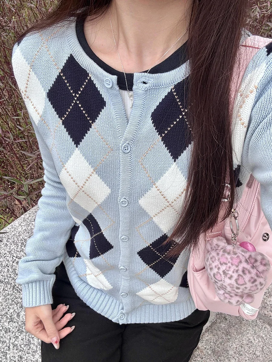 Cardigan de malha fino xadrez irregular feminino outono em torno do pescoço único breasted camisola estilo preppy casual manga longa malhas