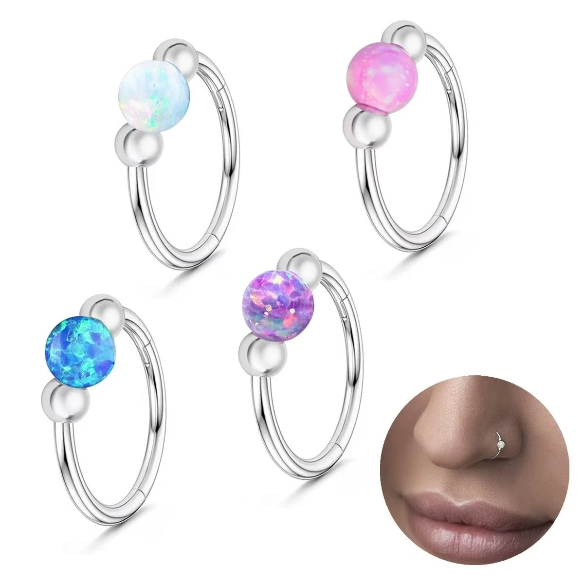 

1PC 18g Opal Nose Rings for Women 316L Surgical Steel Nose Hoops Piercing Jewelry Septum Ring and Cartilage Earring