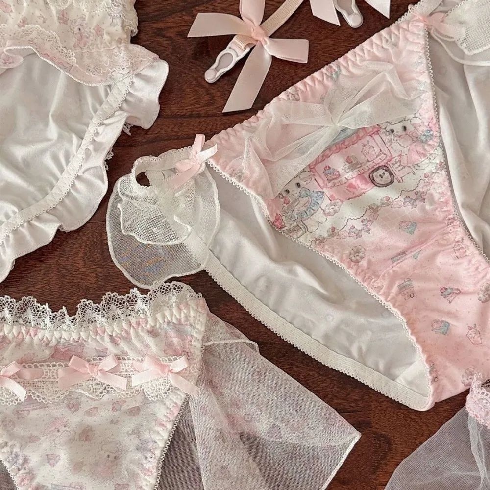 Atmungsaktive Kawaii-Spitzen-Schleifen-Slips mit Baumwoll-Zwickel, niedriger Bund, Lolita-Stil, bequeme, süße Rüschen-Slips für den Alltag, Mädchen – Detail 5