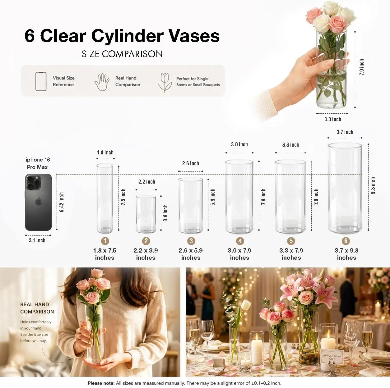 Clear Glass Cylinder Vases 72 Pack, 4/6/8/10 Inch Flower Vase Set for Centerpieces, Wedding Decor & Indoor Home Decor, Hurricane Candle Holders for Table, Shelf & Party