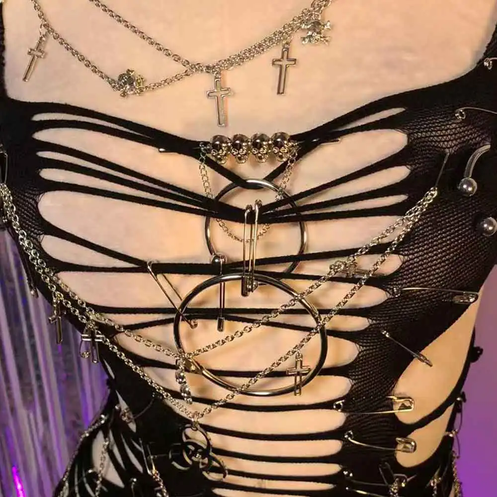 Women's Y2K Gothic Cyber Goth Cross Crop Top Emo Grunge Punk Style 90s Alternative E Girl Tank Top Sexy Cyberpunk Chain Clothing