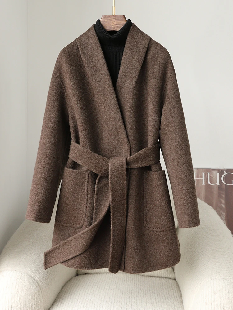 High end coffee colored short double-sided velvet coat for women, medium and long styles, 2024 new autumn and winter look slim