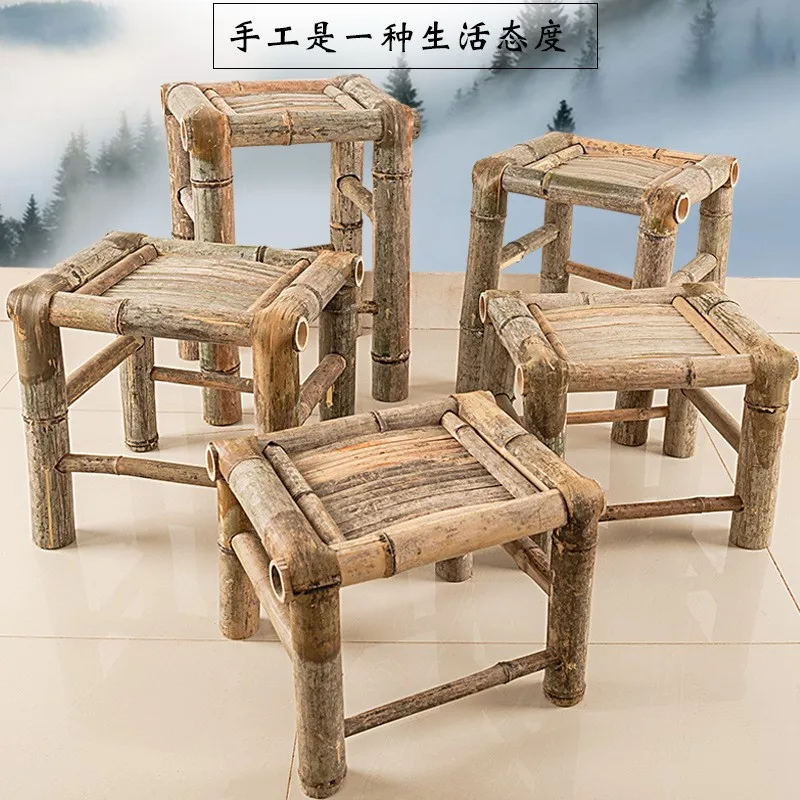 Traditional hand woven shoe changing stool, antique style photography, natural and environmentally friendly bamboo woven stools