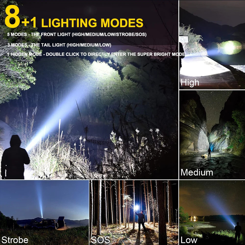 120000 Lumens Super Bright LED Flashlight Rechargeable Type C 9000 mAh XPH90 COB Torch Light with Digital Display for Outdoor