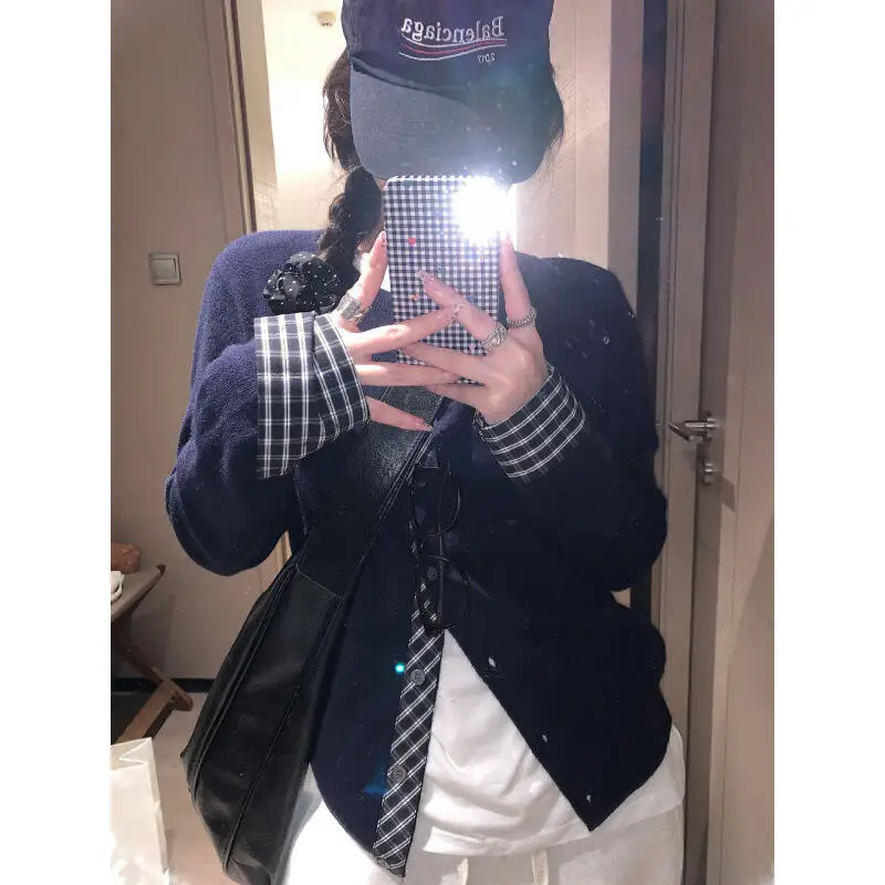 

Осенне-зимний трикотаж для девочек, ложный двухсекционный модный свободный кардиган, женский универсальный ленивый ветер, новый свитер, оптовая продажа