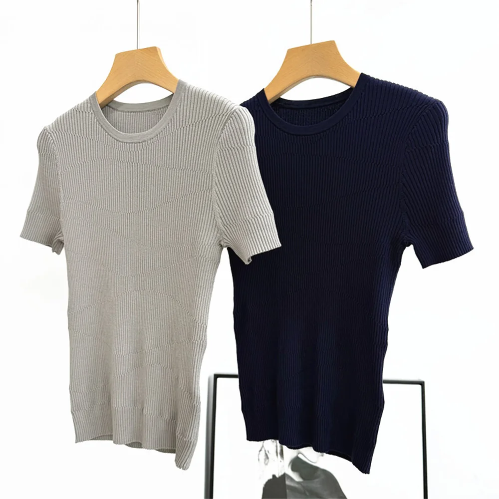 Summer New Women's Round Neck Pullover Short Sleeve Solid Color Slim Knit T-Shirt Top