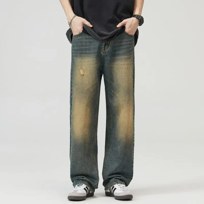 Spring And Summer Washed Denim Pants For Men And Women Loose Personalized Retro Curved Knife Pants With Holes Versatile Pants