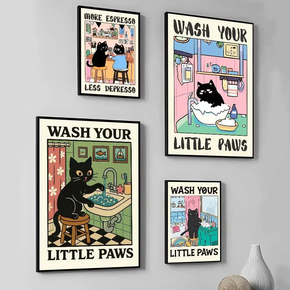 More Espresso Less Depresso Black Cat Wash Your Posters Fancy Wall Sticker for Living Room Bar Decoration Wall Decor