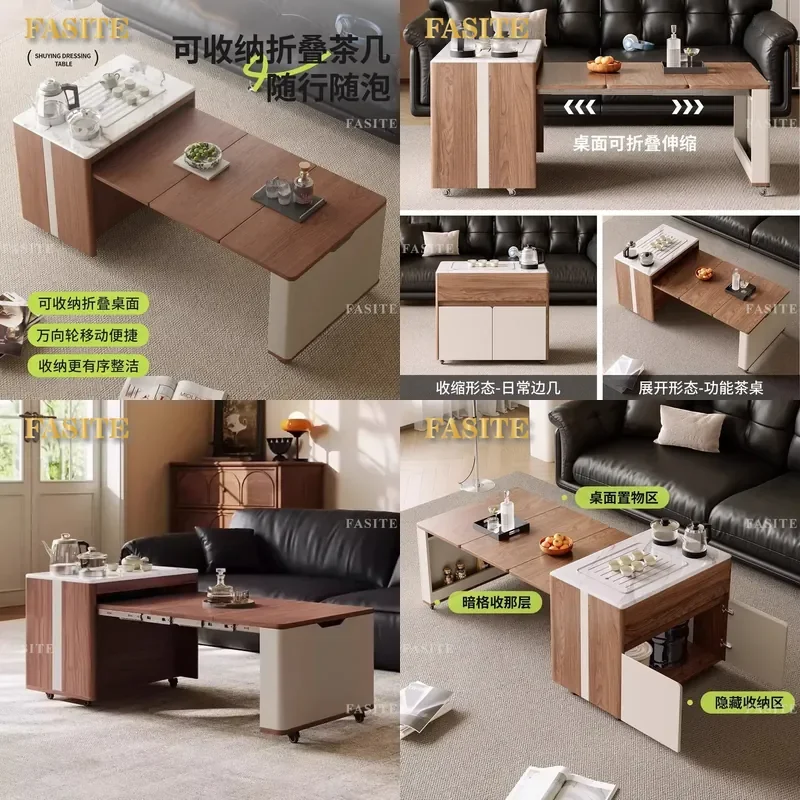 For Small Apartment Living Room Antique Solid Wood Mobile Sofa with Retractable Folding Multi-functional Tea Table Dining