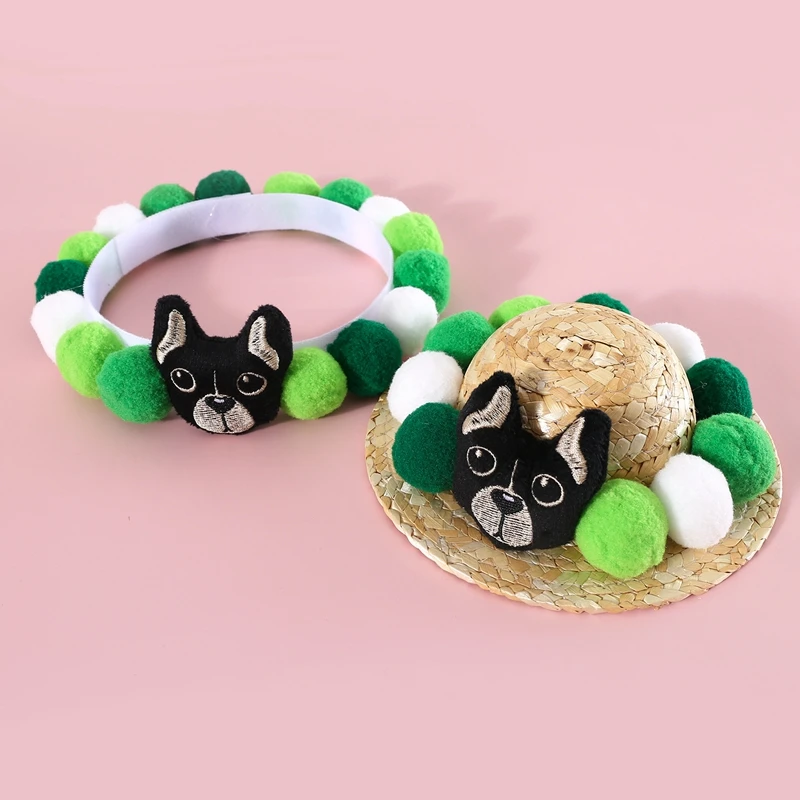 Pet Woven Straw Hat Fashion For Dog Sun Hat Cartoon Balls Sunbonnet Cats Beach Party Straw Costume Accessories Plush Collar