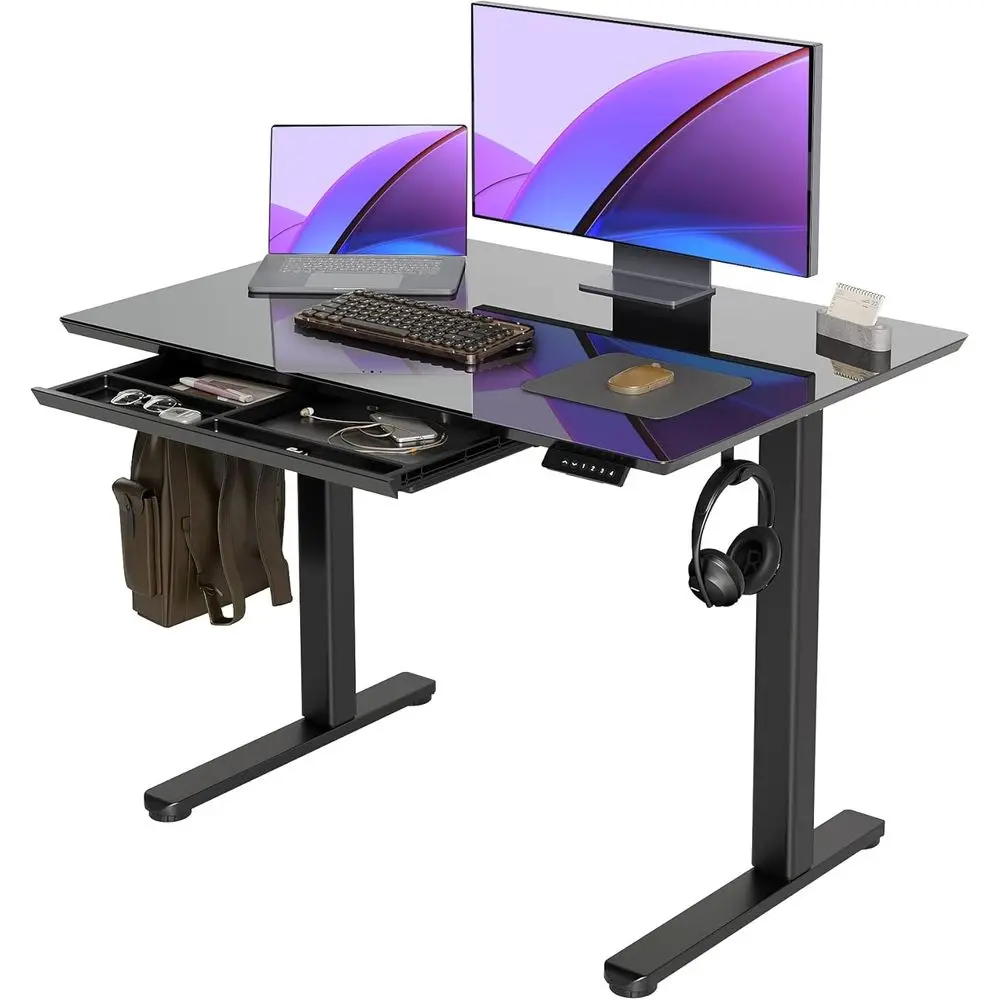 Black 40x24 Adjustable Glass Top Standing Desk, Quick Install for Home Office, Computer Desk