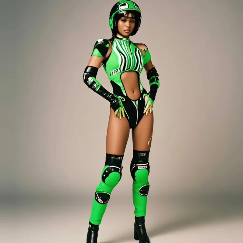 Sexy Pole Dance Clothing Green Hollow Bodysuit Women Costume Stage Rave Outfit Bar Nightclub DS DJ Party Gogo Wear XS9558