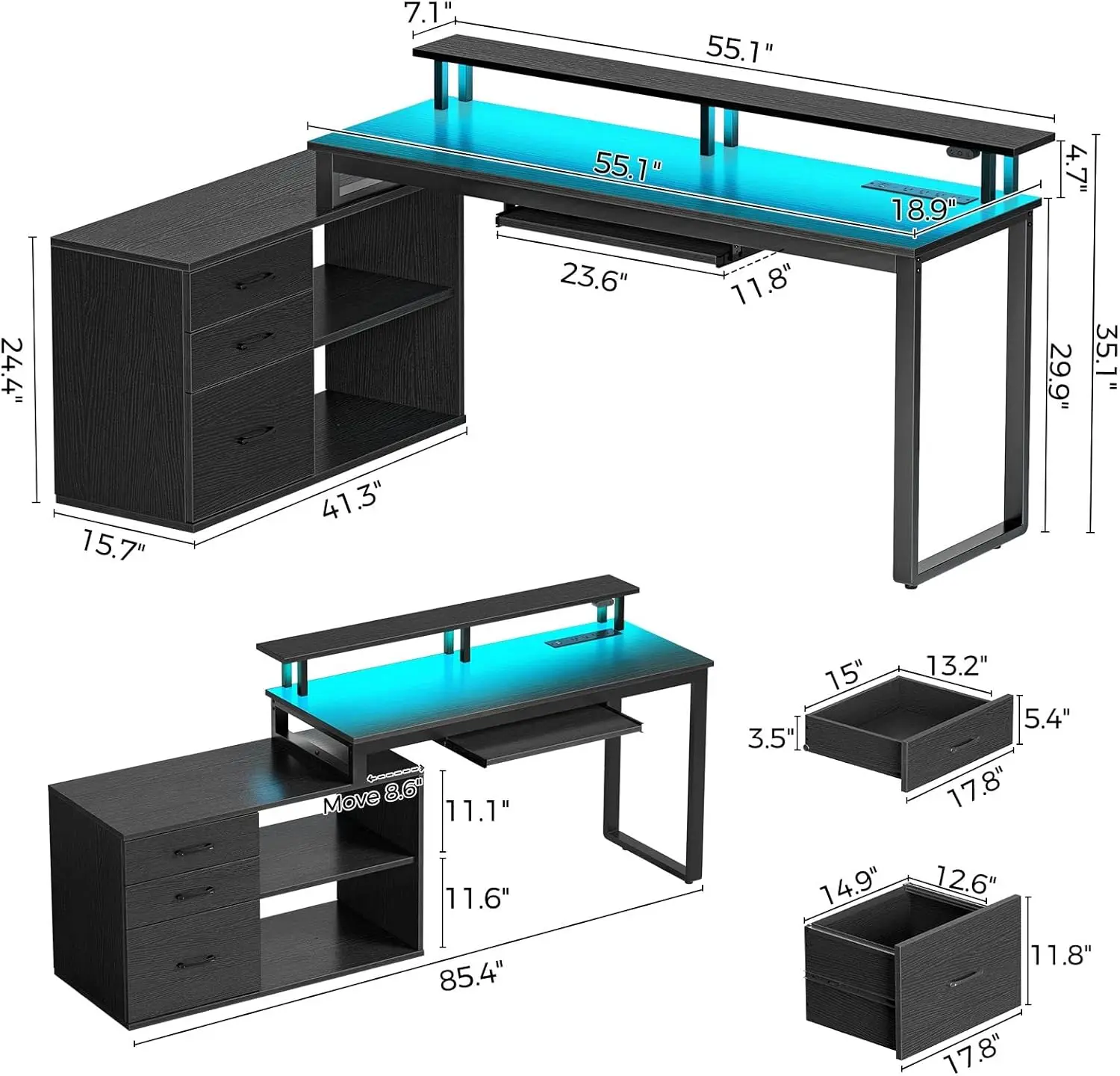 Computer Desk with Drawers and Power Outlet, Black Reversible L Shaped Desk with LED Strip & Keyboard Tray, 55 Inch Home Office