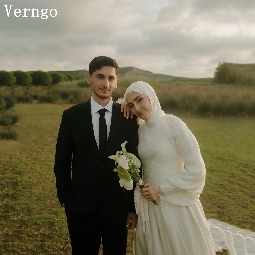 Verngo lvory Chiffon Modest Wedding Dress High Neck Full Sleeves Bridal Gowns Women Elegant Dubai Wedding Dress Customized