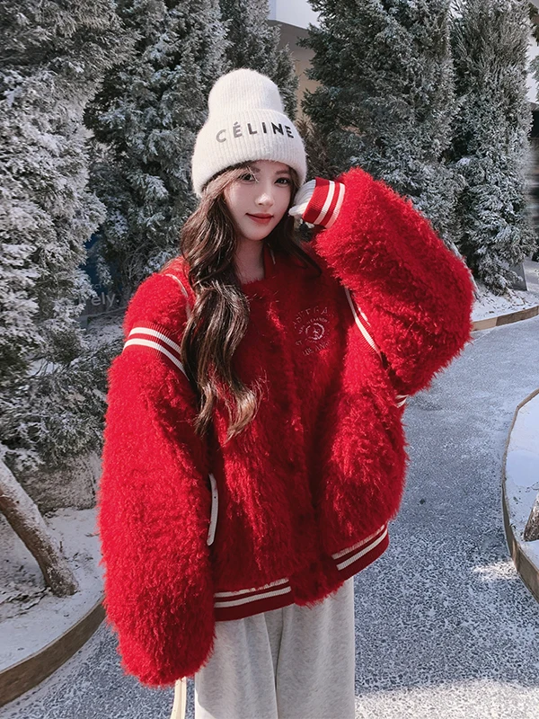 

Красная бейсбольная куртка контрастного цвета с мехом ягненка, утепленная, осенне-зимняя, новая, повседневная, свободного кроя, с длинными рукавами, для женщин
