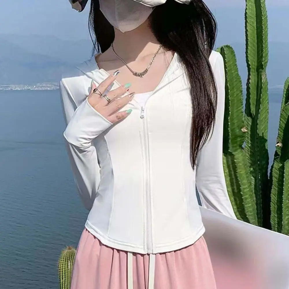 Fashion Anti UV Summer Sunscreen Hoodie Shirt Solid Color Quick Dry Jacket Women Long Sleeve Thin Sun Protection Coats Walking