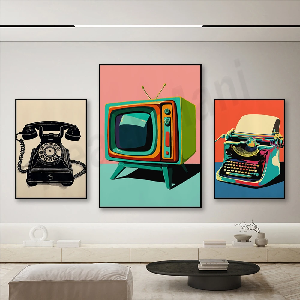 Retro typewriter print for literary art, television, rotary phone print, maximalist eclectic wall art home office decor poster