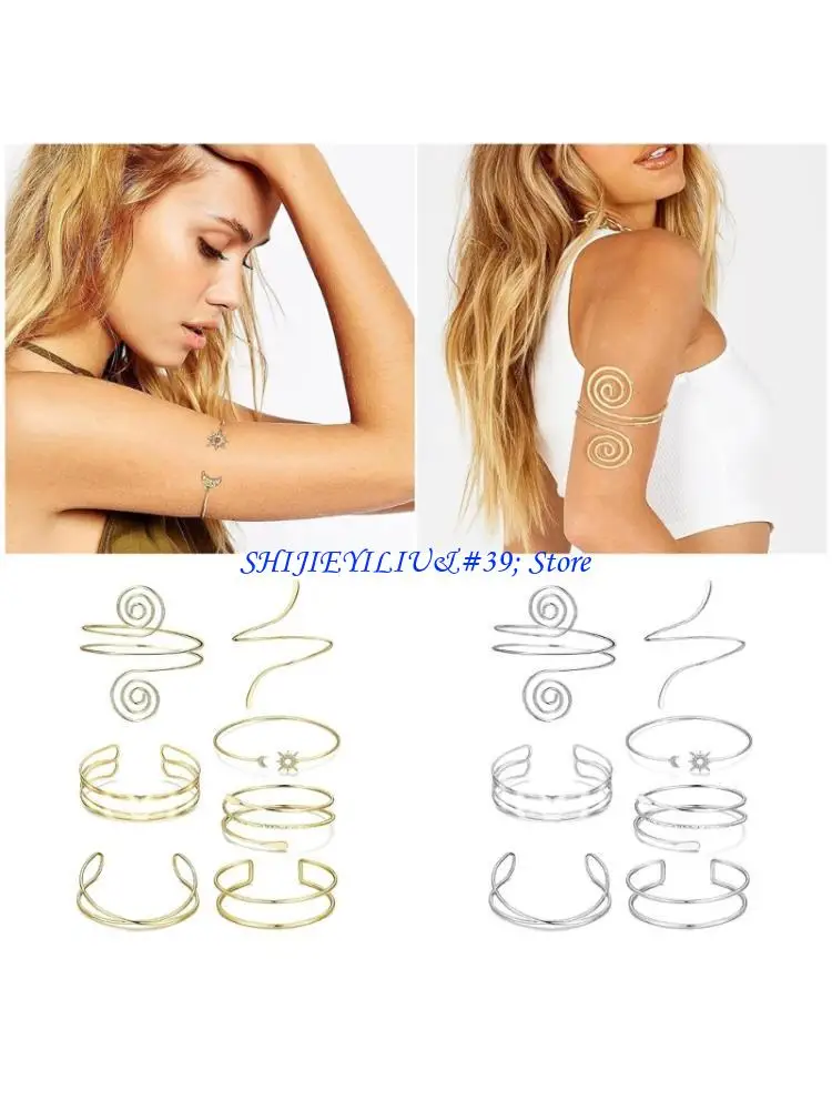 E21F 7pcs Gold Color Arm Bangles for Women Adjustable Fit Cuff Bracelets Wristchain Accessories for Parties and Gifts