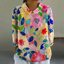 Women's Linen Lapel Art Floral Round Neck Button Loose Pullover Top Casual Shirt T Shirt