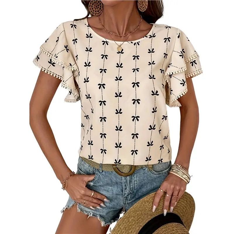 

CYL-Women Blouses Layered Sleeve Fashion Crewneck Floral Printed Boho Loose Summer Tops