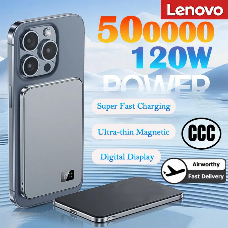 

Портативный аккумулятор Lenovo 500000 мАч, ультратонкий, магнитный, беспроводной, с быстрой зарядкой, сертифицированный CCC, со светодиодным дисплеем, для MagSafe