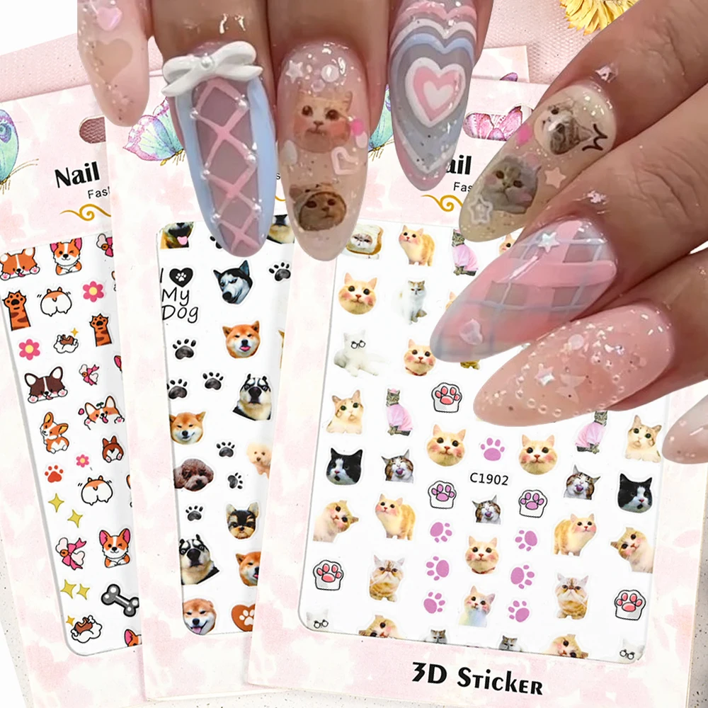 Lovely Cat Nail Decals 3D Animal Cartoon Dog Scrawl Relief Self Adhesive Nail Art Stickers Cute Puppy Kitty Y2K Nails Decoration