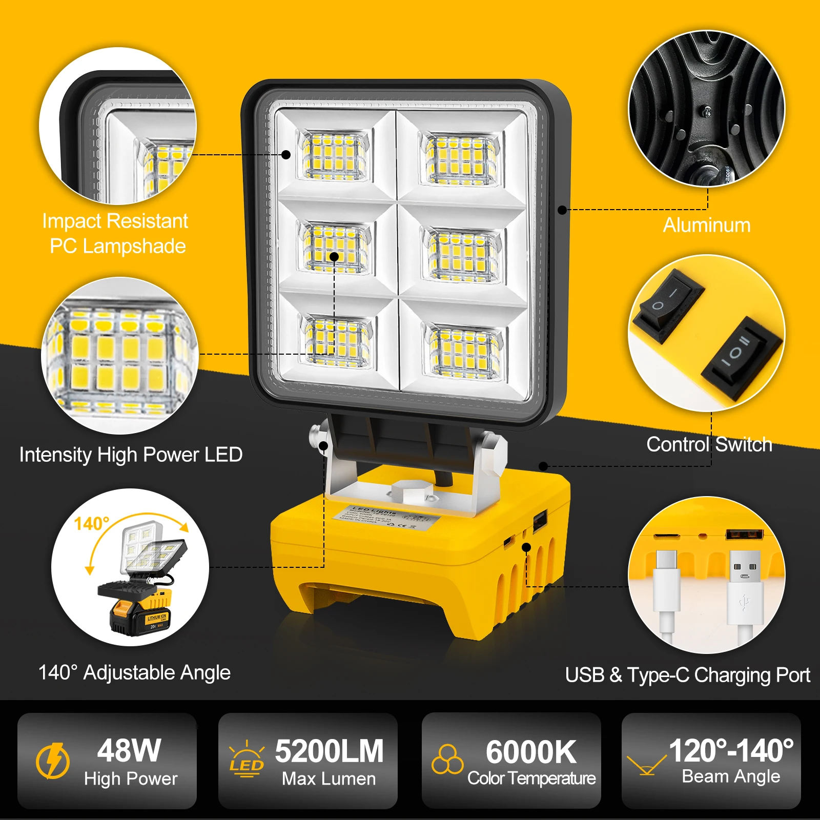 Portátil sem fio LED luz de trabalho, recarregável, base ajustável, luz de inundação para DeWalt, sem bateria, 5200LM, 48W