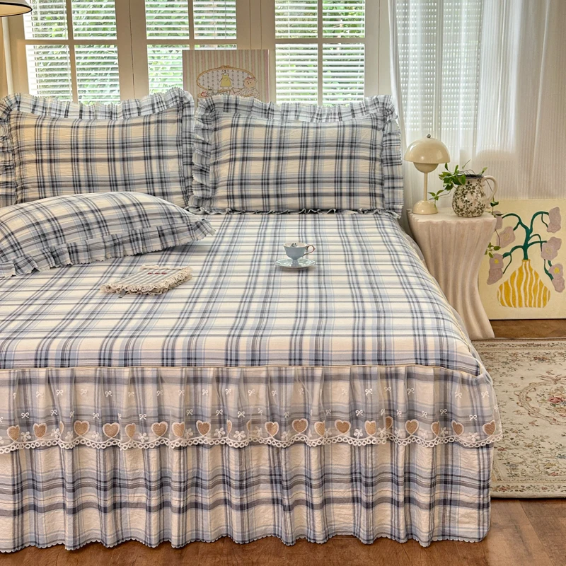 1 unidad Falda de cama de encaje con estampado de rayas, estilo Queen, para cama King, colcha de cama matrimonial (Funda de almohada no incluida)
