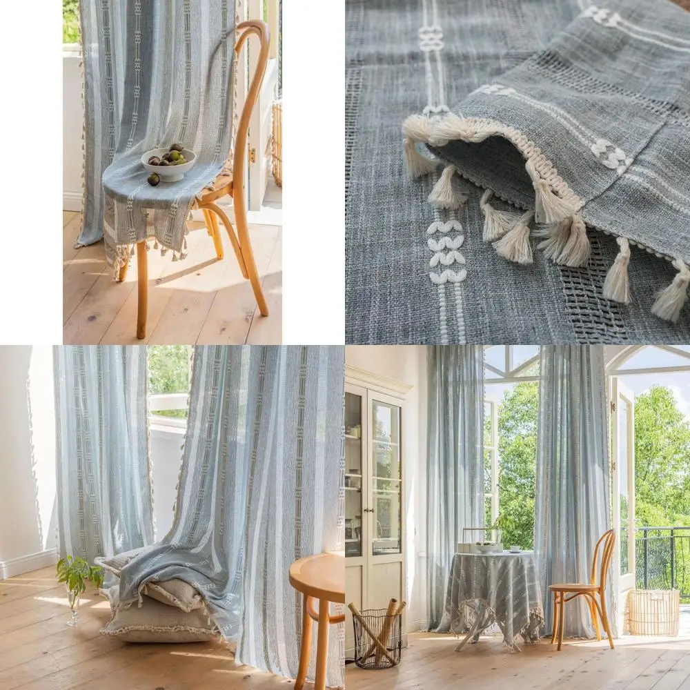 

Синие льняные полосатые шторы с кистями, полузатемняющие, длиной 84 дюйма, комплект из 2 панелей для домашнего декора
