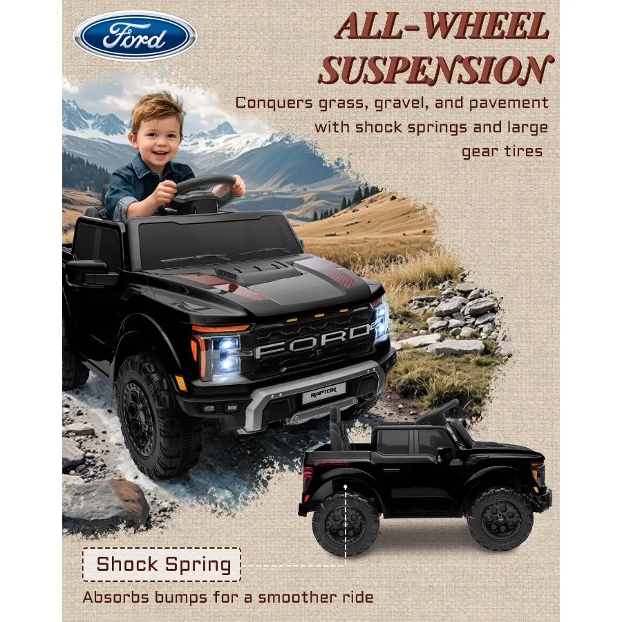 12V 公認ラプター子供用乗用玩具、親用リモコン付き乗用トラック、トラック荷台収納付き子供用電動車、3