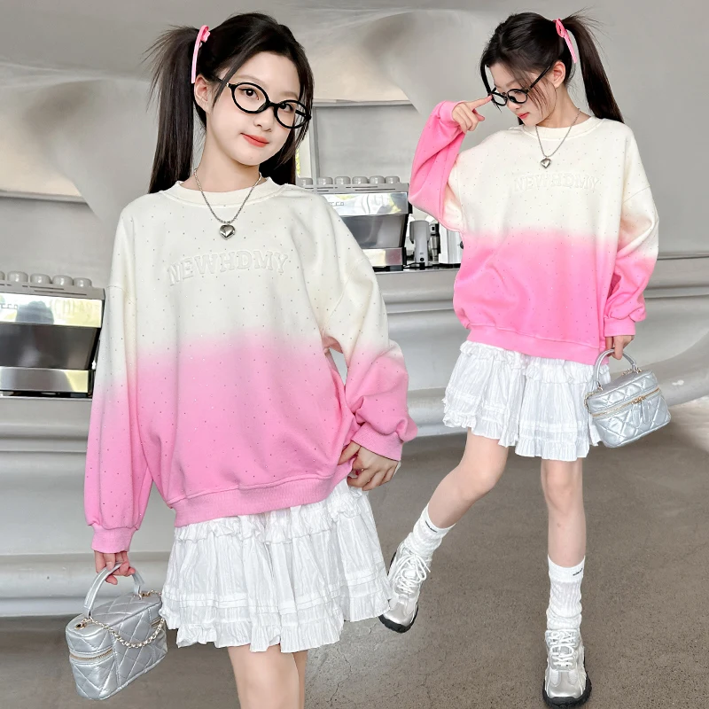 Spring Kids Girls Candy Color Gradient Sweatshirt With Rhinestones Fashion High Street Outfit Child Patchwork Cotton Tee Tops