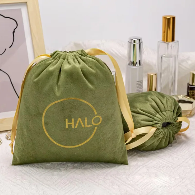 セージグリーンベルベット巾着ギフトバッグ - カスタムロゴ入り化粧品メイクポーチ、ジュエリー、手工芸品、香水用ダストバッグ