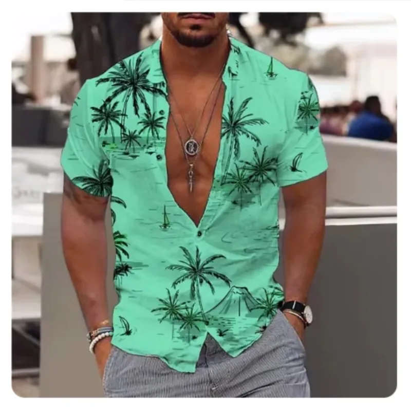 New Coconut Tree Men\'s Shirt Printed Patterns Hawaiian Shirt Beach Short Sleeve Fashion Casual Top Men\'s Cardigan Shirt Summer