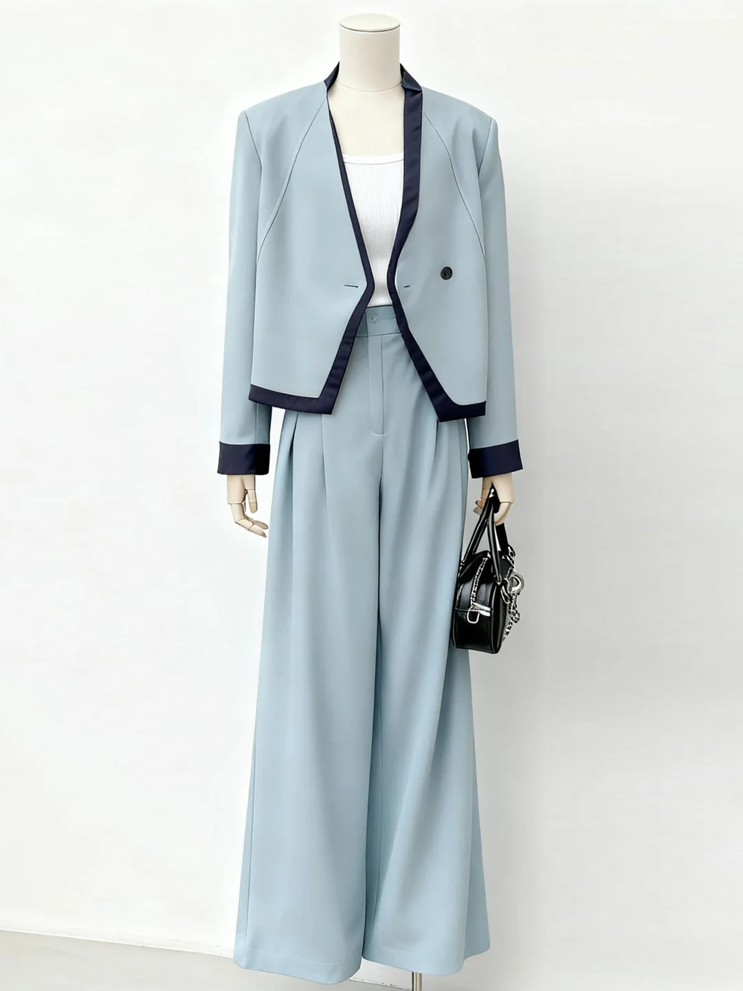 

Высококачественный модный женский костюм синего цвета: пиджак и брюки, весна 2026, облегающие длинные брюки, трендовый комплект, V-образный вырез, стиль для офиса