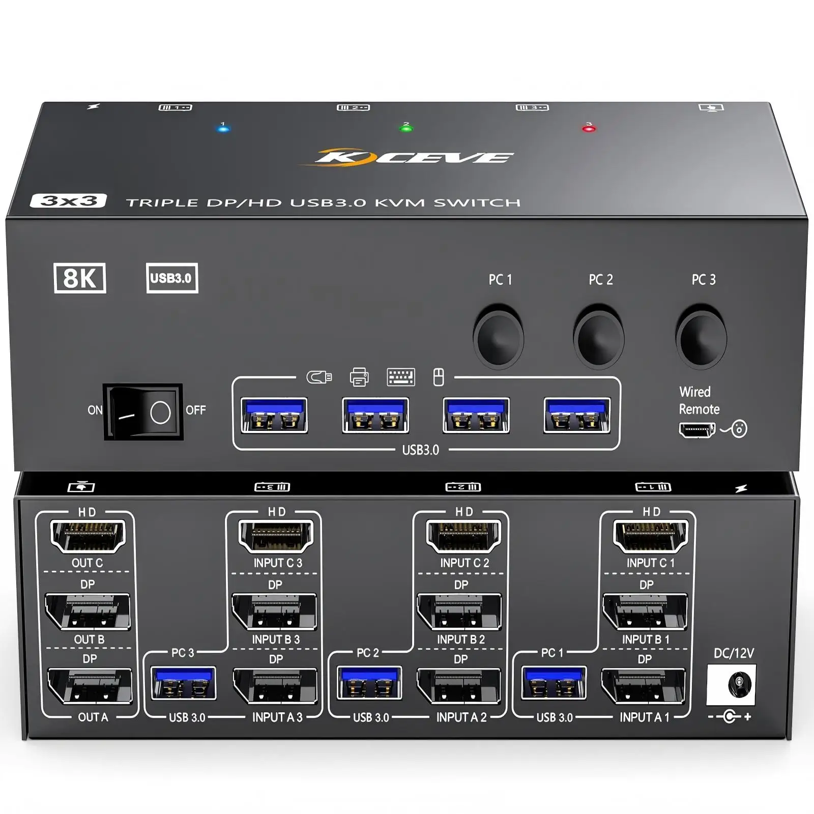 KVM Switch 3 Monitors 2/3 Computers 8K@60Hz 4K@144Hz, 2 Displayport + HDMI USB 3.0 KVM Switch Triple Monitor with 4 USB 3.0 Port