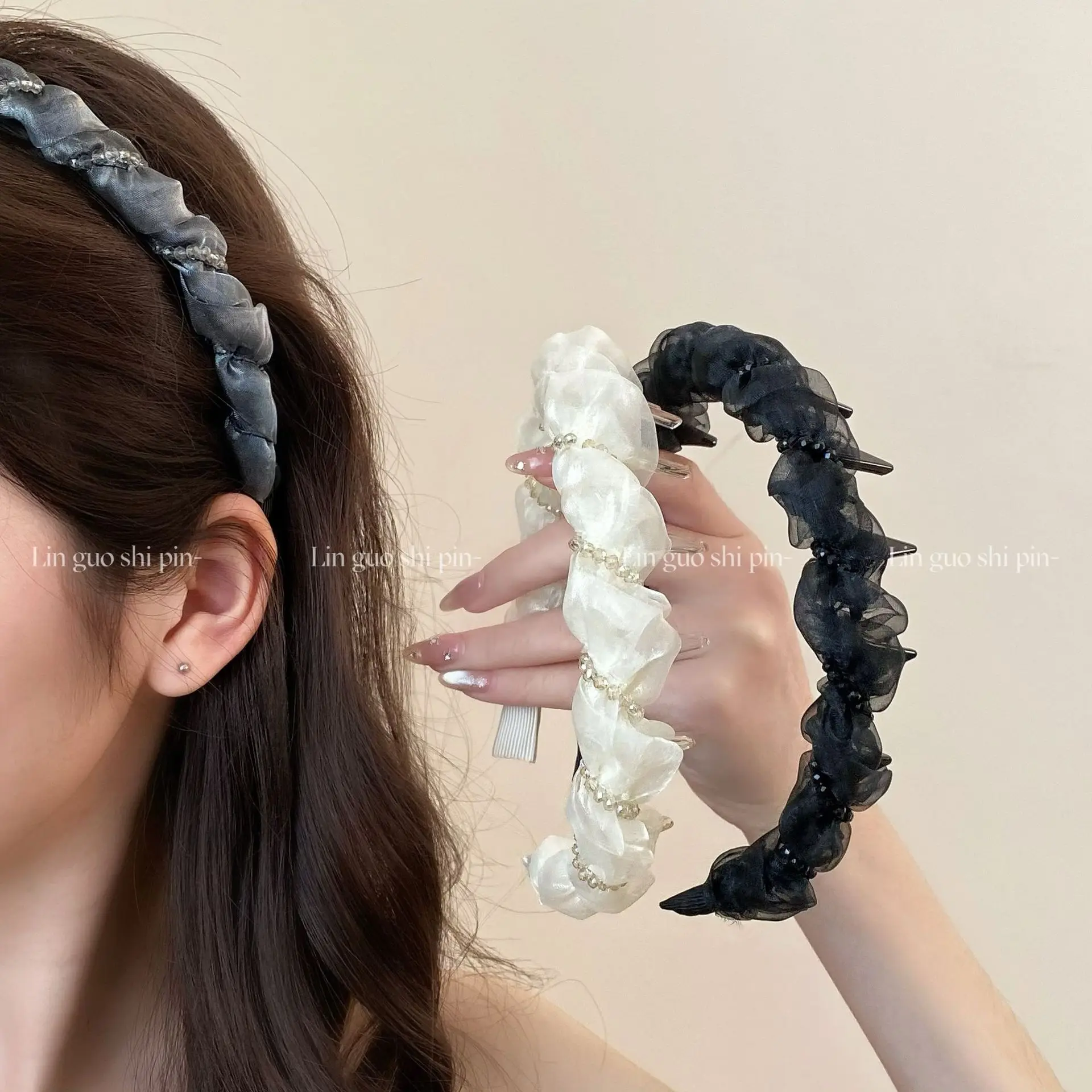 1pc Pearl Mesh Non Slip Teeth Headband Spring Summer New High Crown Volume Boosting Hair Hoop for Women Face Wash Outing