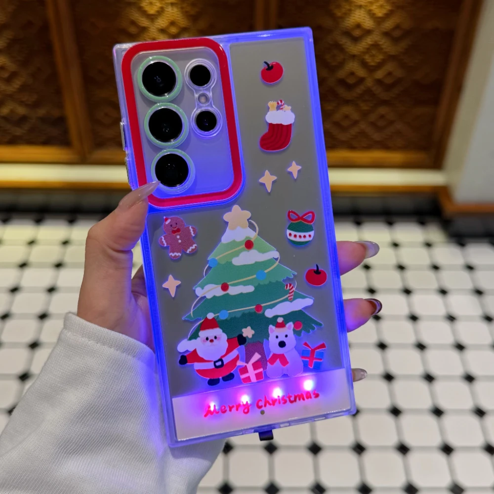 5 Color Christmas Glowing Luminous Call Light Up Flash Santa Claus Phone Case for Samsung S 24 25 26 Ultra A 35 36 55 56 Cover