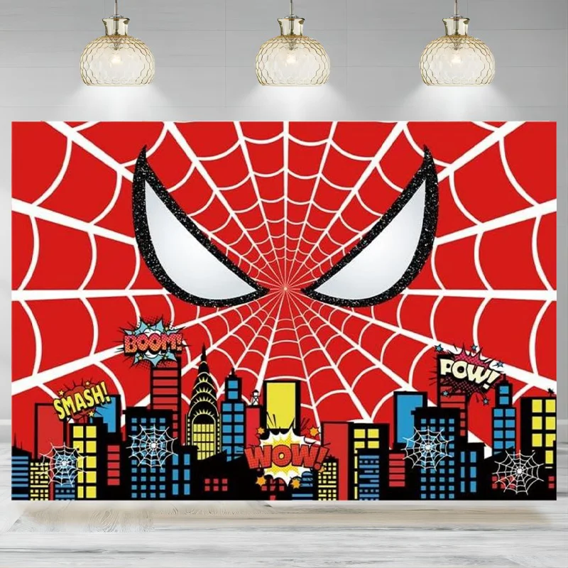 Red Spider Web Backdrop Cartoon City Super Heros Cityscape Photography Background Boys Birthday Party Decorations Photo Banner