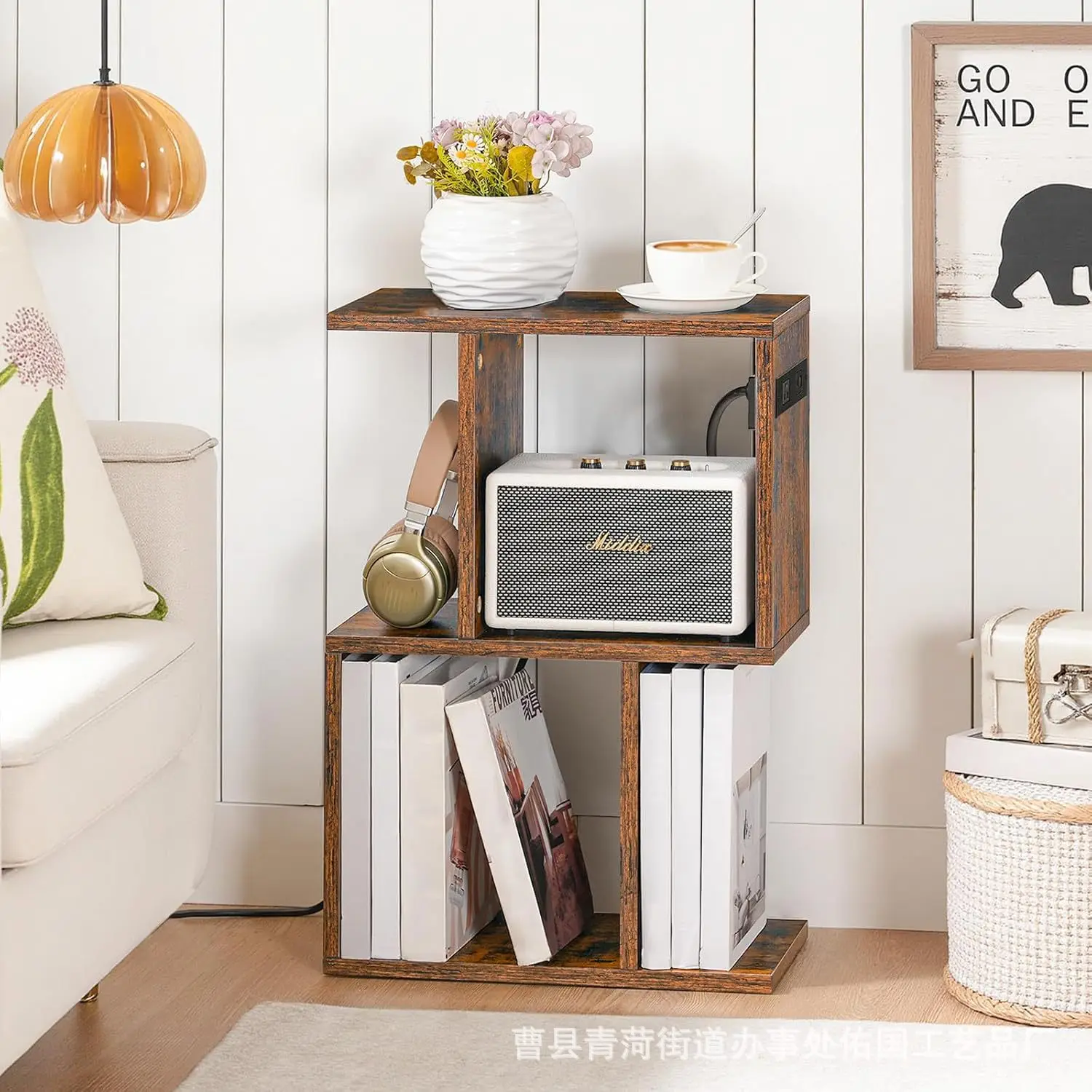 

Retro home living room s-shaped shelf multi-layer ornament magazine shelf iron and wood combined with simple sofa edge