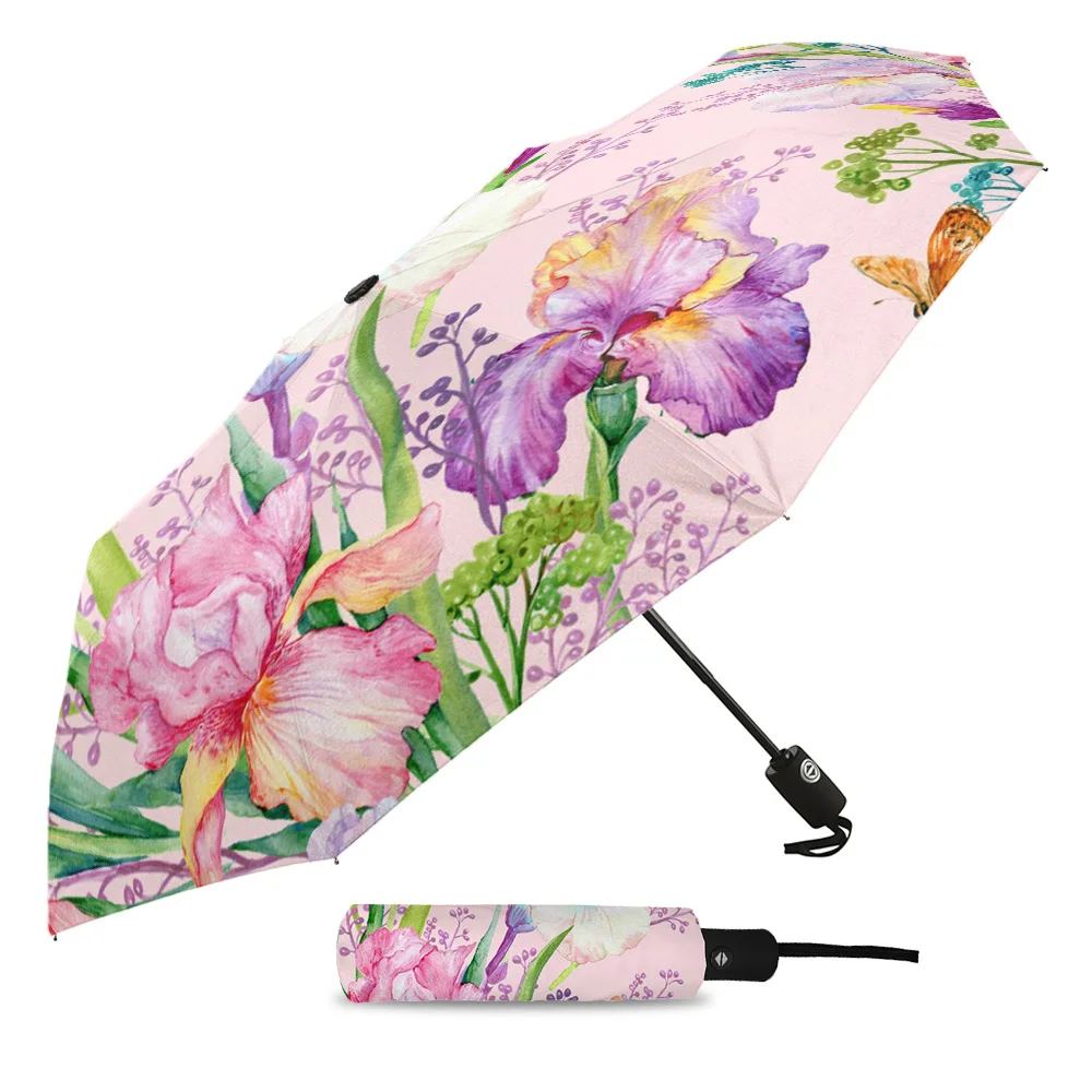 Red Flowers Butterfly Green Leaves Plant Custom Automatic Umbrellas for Women Male Windproof Folding Rain Umbrella Parasol