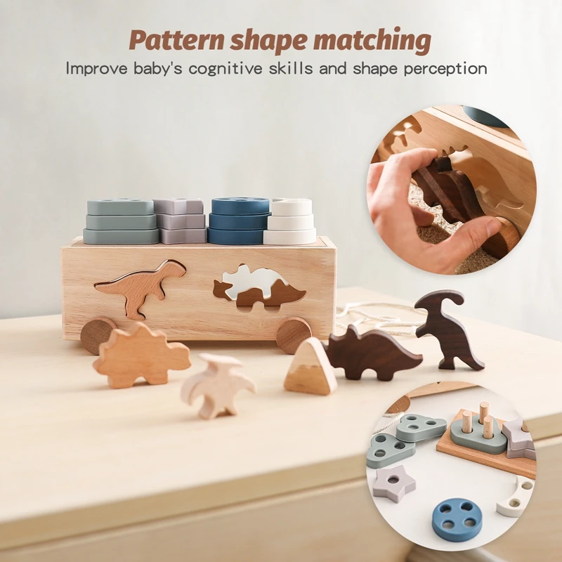 Kinderen Houten Dinosaurus Intelligentie Auto Speelgoed Baby Stapelen Multifunctionele Vorm Cognitief Speelgoed Baby Montessori Onderwijs Speelgoed Cadeau