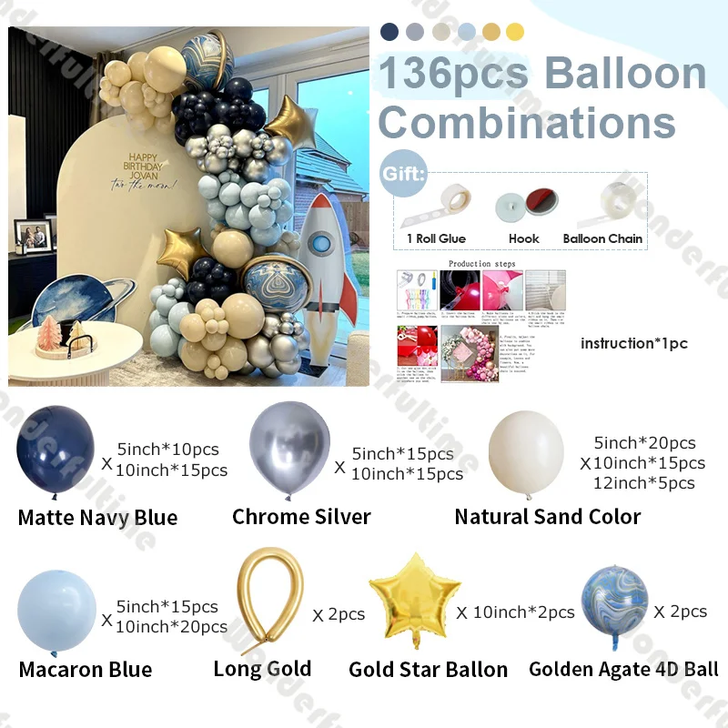 136pcs Space Theme Balloons Garland Gold Blue Silver Balloon Two The Moon Baby Shower Birthday Gender Reveal Galaxy Themed Party