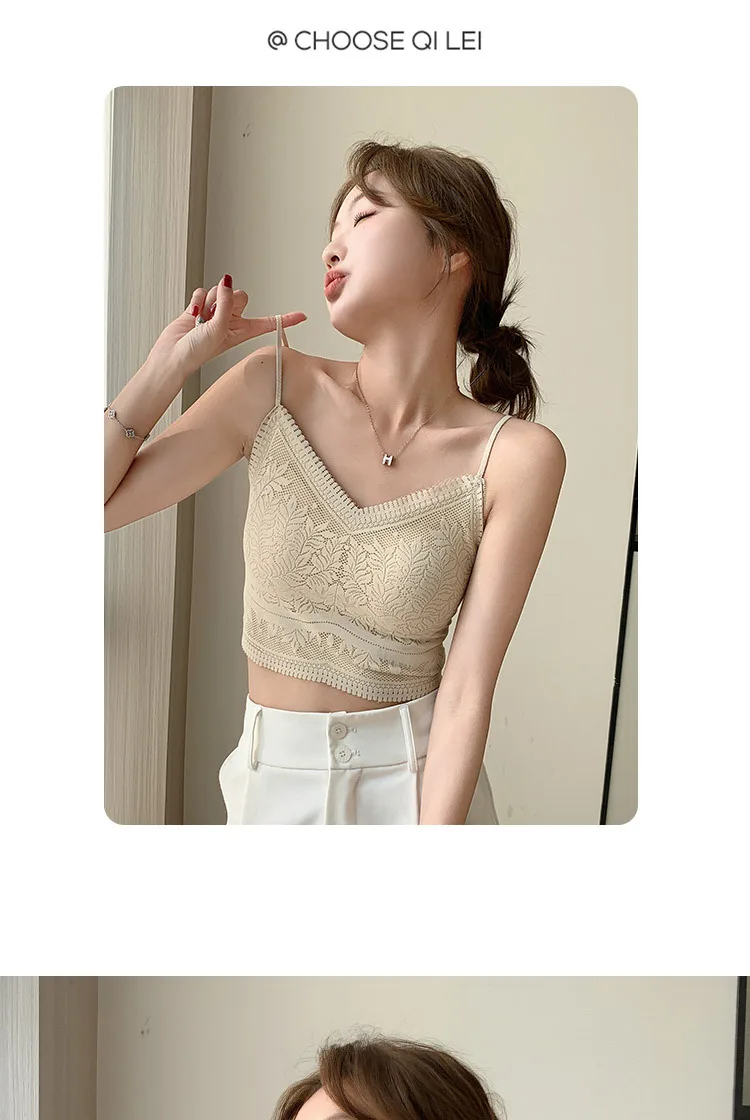 Die neue Damen-Spitzenweste mit nahtlosem kleinen Neckholder, Wickelbrust, nahtlose Unterwäsche, eine Tasse, rutschfester BH, Y2k-Top, Tank-Top, Neckholder – Detail 17