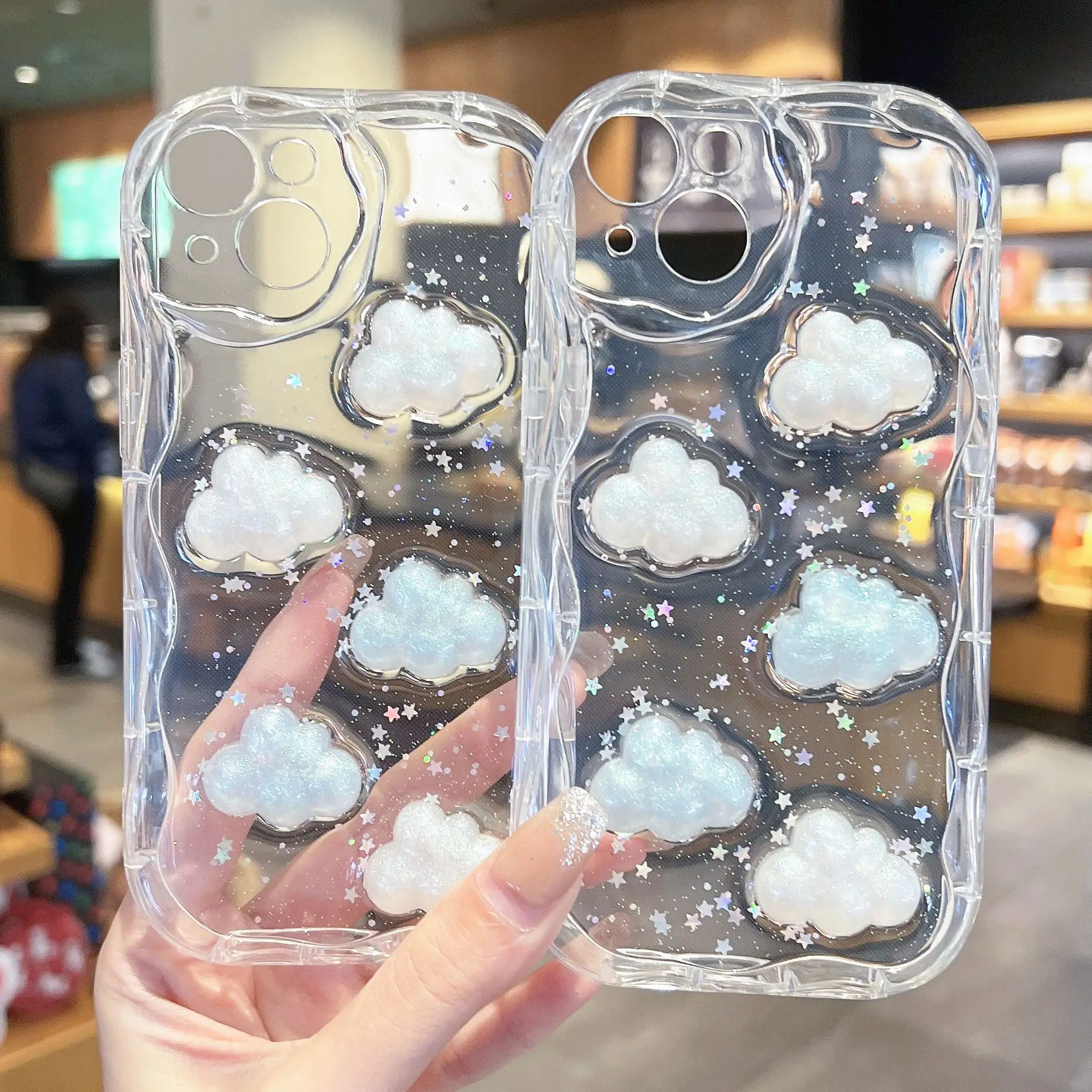 

3D Cute Cloud Sequins Phone Case for IPhone 16 15 14 13 12 11 Pro X XR XS Max Soft TPU Shockproof Transparent Shining Back Cover